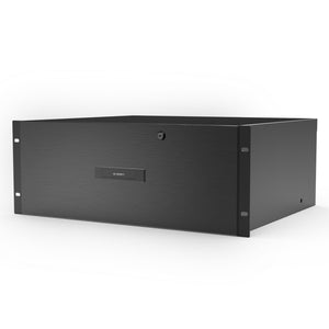 Black 4U heavy-duty rack drawer with a brushed aluminum faceplate, lockable handle, and AC Infinity branding.
