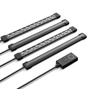 AC Infinity IONBEAM S11: Four slim, black 11-inch LED grow light bars with a wired control module on a white background.