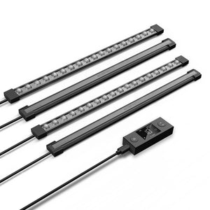 AC Infinity IONBEAM S16: Four slim black 16-inch LED grow light bars with a digital controller for plant supplementation.