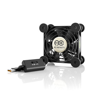 AC Infinity 80mm black USB cooling fan with wire guard, speed controller, and rubber mounts for quiet equipment airflow.