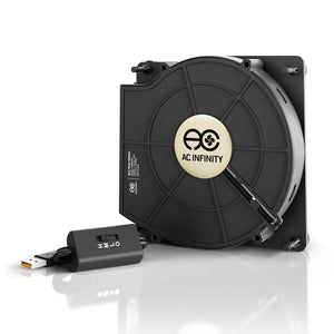 AC Infinity 120mm black centrifugal USB cooling fan with speed controller for hydroponics and equipment airflow.