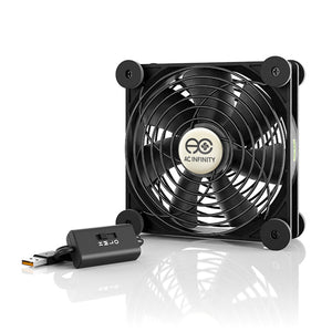 Black 120mm AC Infinity USB cooling fan with a wire grille, speed controller, and mounting feet for garden ventilation.