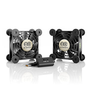 Two black AC Infinity 80mm USB cooling fans with a speed controller for ventilation in hydroponic setups.