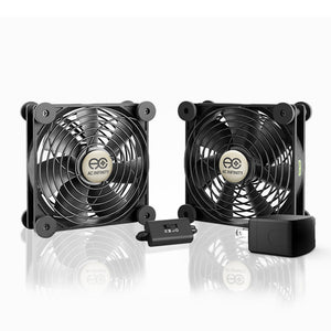 AC Infinity dual 120mm black cooling fans with metal grilles and a speed controller for grow tent ventilation.