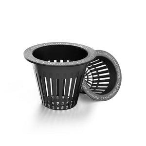 Two 2-inch black plastic slotted hydroponic net cups with wide lips featuring the AC Infinity logo.