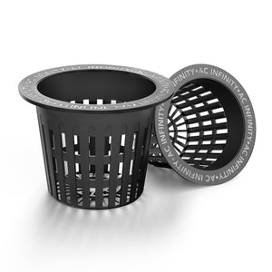 Two black, 4-inch AC Infinity slotted mesh net cups with wide lips for hydroponic plant growth.