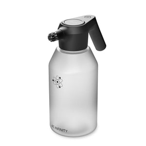 AC Infinity battery-powered spray bottle with a matte black nozzle and frosted translucent plastic reservoir for gardening.