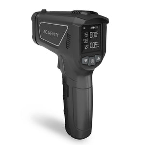 Black AC Infinity pistol-grip laser thermometer with a digital display for measuring VPD, temperature, and humidity.