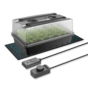 AC Infinity seedling propagation kit with a black 40-cell tray, clear humidity dome, LED light bars, and heat mat.