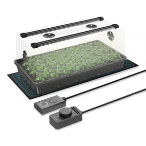 AC Infinity propagation kit with a 72-cell tray, clear humidity dome, LED grow lights, and a heat mat with controllers.