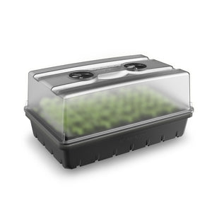 AC Infinity 5x8 cell propagation kit with a clear plastic humidity dome and black tray for starting seedlings.