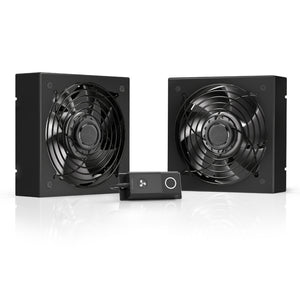 AC Infinity dual black square cooling fans with a wired speed controller for hydroponic ventilation.