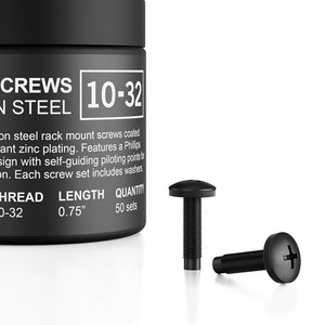 AC Infinity 10-32 black carbon steel rack screws with matching Phillips head and washers in a 50-piece set.