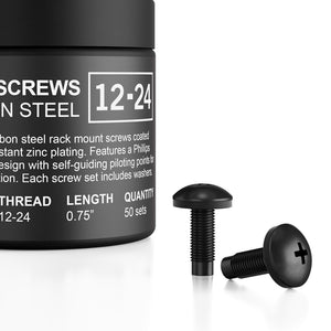 AC Infinity 12-24 black carbon steel rack screws with Phillips heads and nylon washers in a 50-piece storage container.