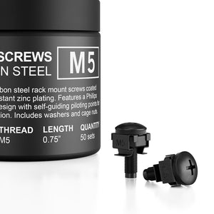A 50-piece set of black carbon steel M5 rack screws, washers, and cage nuts beside their labeled storage jar.