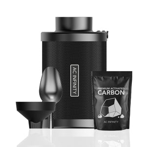 AC Infinity 4-inch refillable carbon filter, black metal mesh, with funnel, scoop, and premium activated carbon refill bag.