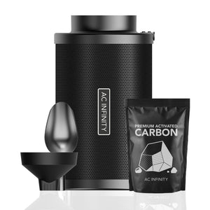 AC Infinity refillable 6-inch black carbon air filter with a funnel, scoop, and bag of activated carbon for odor control.