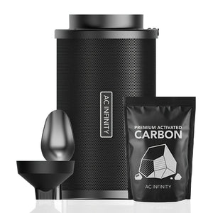 AC Infinity refillable 8-inch carbon filter kit with a black mesh cylinder, activated carbon pouch, funnel, and scoop.