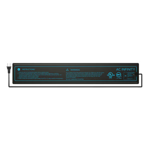 Black AC Infinity SUNCORE A1 waterproof seedling heat mat with blue printed instructions and a power cord.