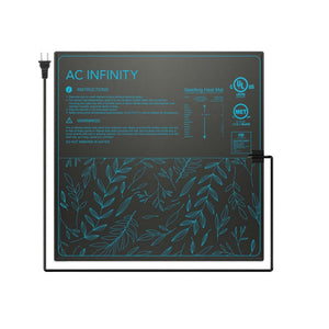 Black square AC Infinity SUNCORE A5 seedling heat mat with blue printed instructions and leaf pattern and power cord.