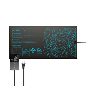 AC Infinity black seedling heat mat with blue leaf patterns and a digital temperature controller for seed germination.