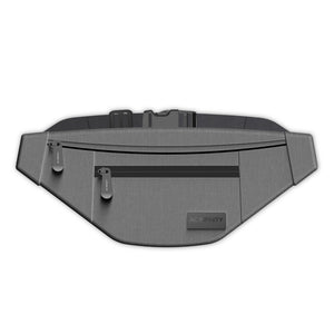 Gray AC Infinity smell-proof belt bag made of durable 900D nylon with zippered compartments and a buckle strap.
