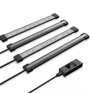 Four 11-inch AC Infinity IONBEAM U4 UV LED grow light bars with a digital controller on a white background.