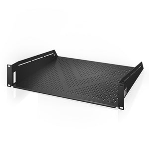Black 2U vented cantilever steel rack shelf, 16 inches deep, designed for equipment mounting and airflow.