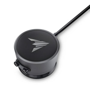 AC Infinity round, matte gray waterproof liquid detection sensor with a black power cable, isolated on white background.