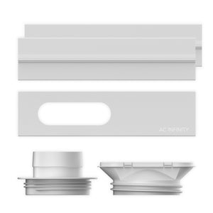 AC Infinity white plastic window duct kit for 4" and 6" exhaust fans, including adjustable panels and duct connectors.