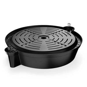 AC Infinity black, round plastic self-watering pot base with a slotted tray and water level indicator for gardening.