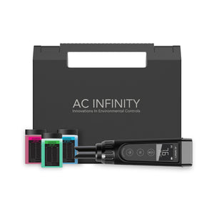 AC Infinity pH Meter Pro kit with black waterproof handheld tester, three colorful calibration solutions, and carry case.