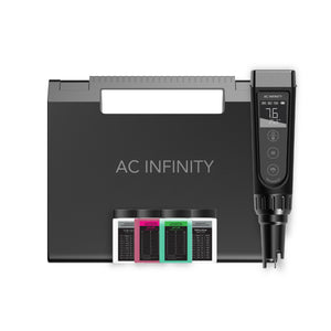 AC Infinity pH/TDS meter kit with a black digital probe, carrying case, and four bottles of calibration solution.