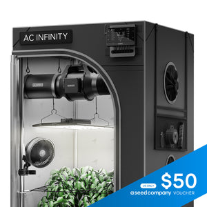 AC Infinity 2x4 AI grow tent system, main product photo showing tent, light, and controller