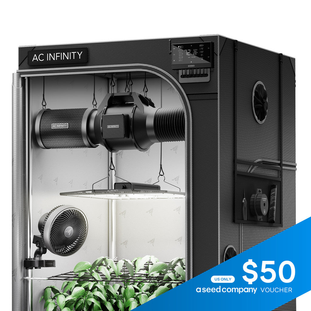 AC Infinity 3x3 AI grow tent system, main product photo showing tent, light, and controller