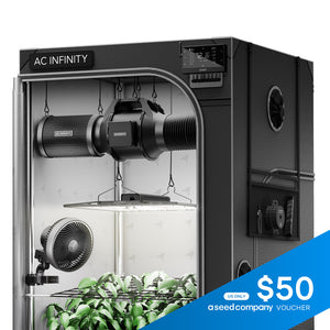 AC Infinity 3x3 AI grow tent system, main product photo showing tent, light, and controller