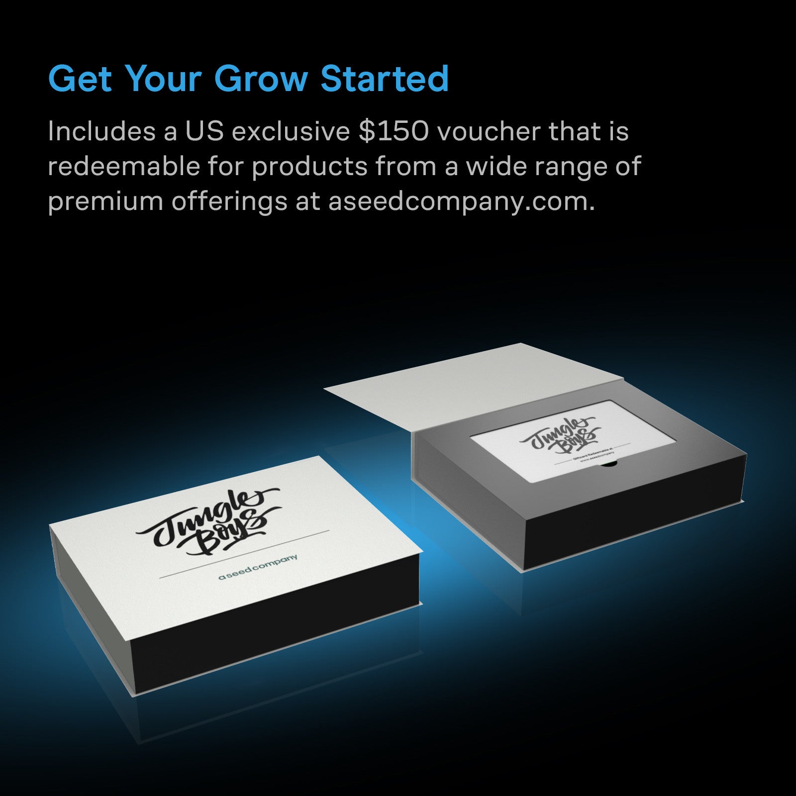 Two white and grey boxes with Jungle Boys and Aseed Company branding, one open revealing a card inside.