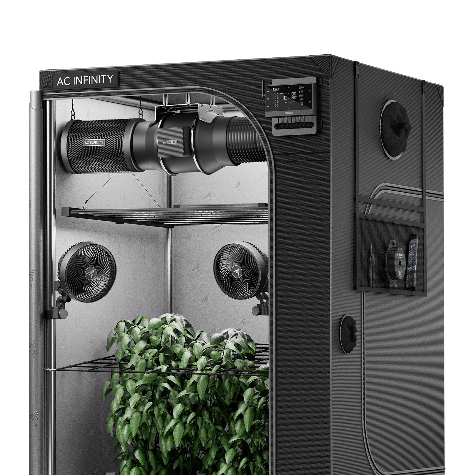 AC Infinity AI Grow Tent System PRO 4x4 with IONFRAME EVO6 LED, inline fan, carbon filter, and clip fans