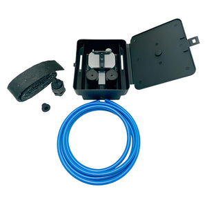 AQUAbox Straight watering kit with black plastic housing, capillary matting, blue hose, and irrigation components.