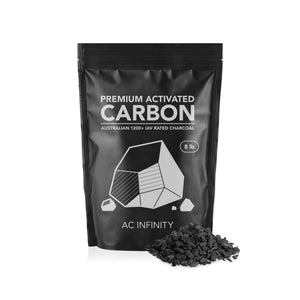 An 8lb black pouch of premium Australian activated carbon charcoal pellets for odor filtration and air purification.