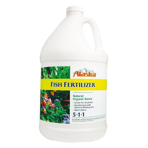 Gallon jug of Alaska Fish Fertilizer, an organic-based 5-1-1 plant food in a white plastic container with handle.