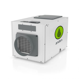 White, boxy Anden A130 industrial dehumidifier for climate control in hydroponic grow rooms.