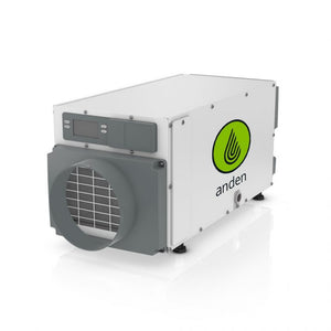 Anden A70 white, rectangular industrial dehumidifier with gray intake vent and green logo for hydroponic climate control.