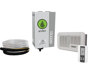 Anden AS35FP steam humidifier unit with green logo, gray housing, insulated tubing, wall vent, and digital controller.