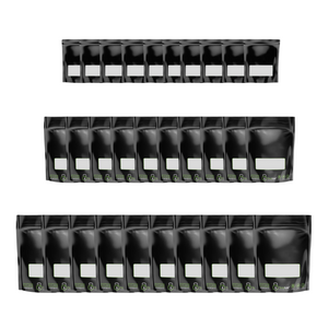 Rows of shiny black, windowed Grove Bags with TerpLoc technology for humidity-controlled curing and storage.