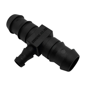 Black plastic AutoPot 1/2" to 3/8" tee connector for joining hydroponic irrigation tubing.