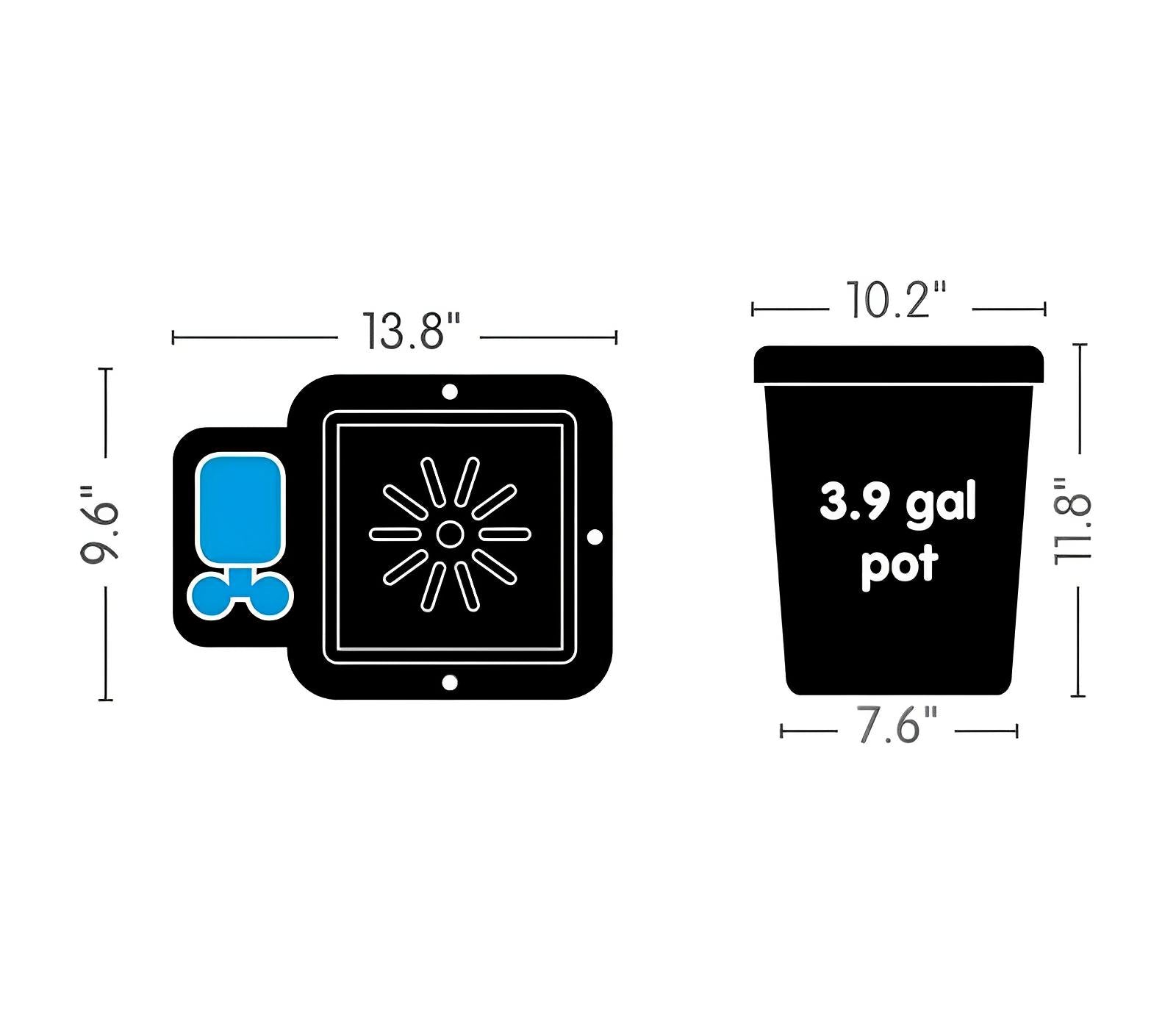 Technical diagram of black AutoPot expansion modules, featuring a 3.9-gallon pot and tray with dimensions in inches.