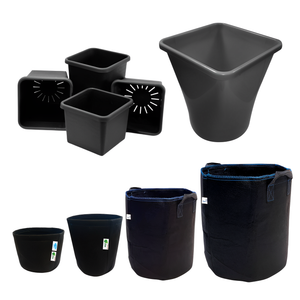 AutoPot replacement pots: set of gray and black square plastic pots and round black fabric pots for hydroponic gardening.