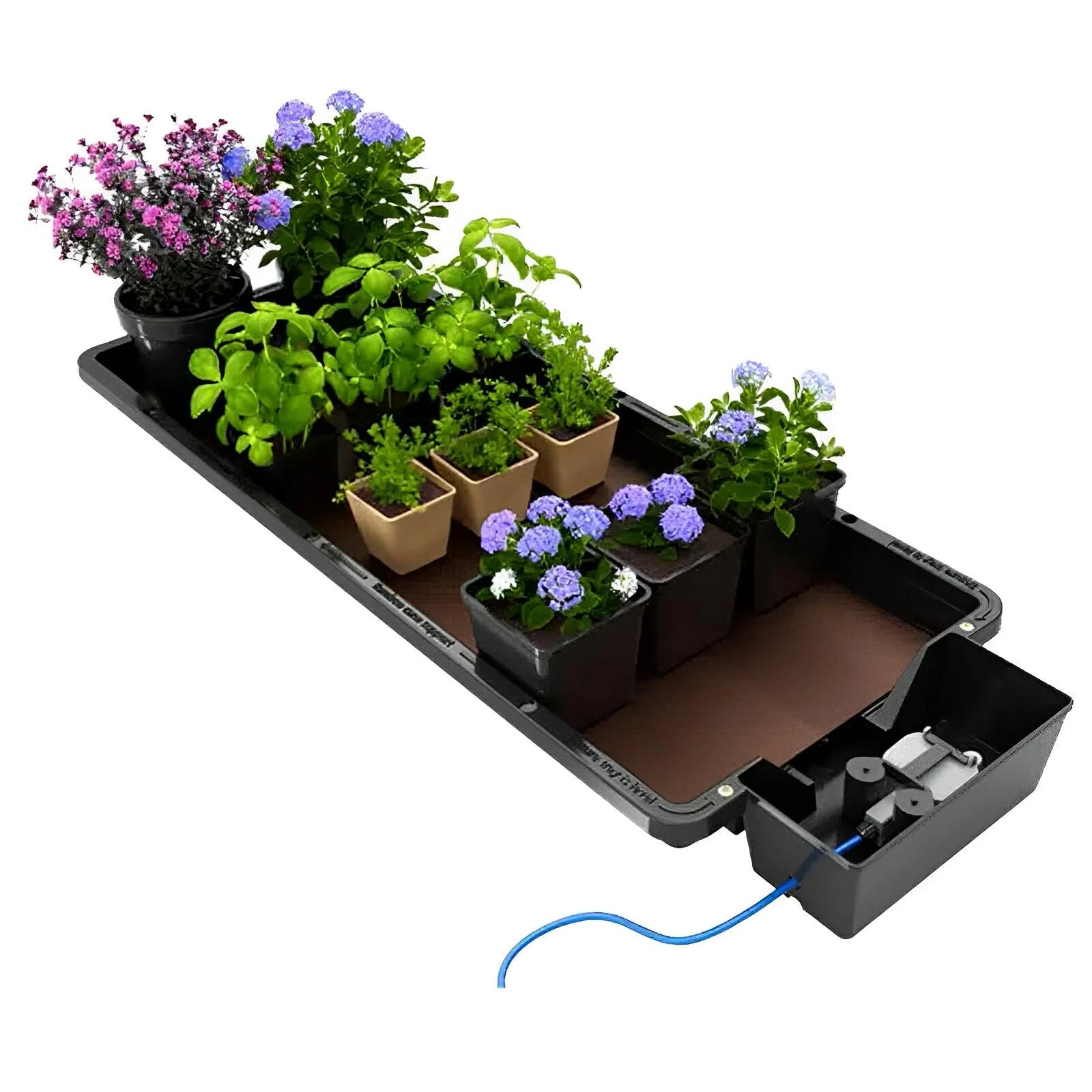 AutoPot Tray2Grow: A black rectangular hydroponic tray with a watering valve, holding various potted plants on a mat.
