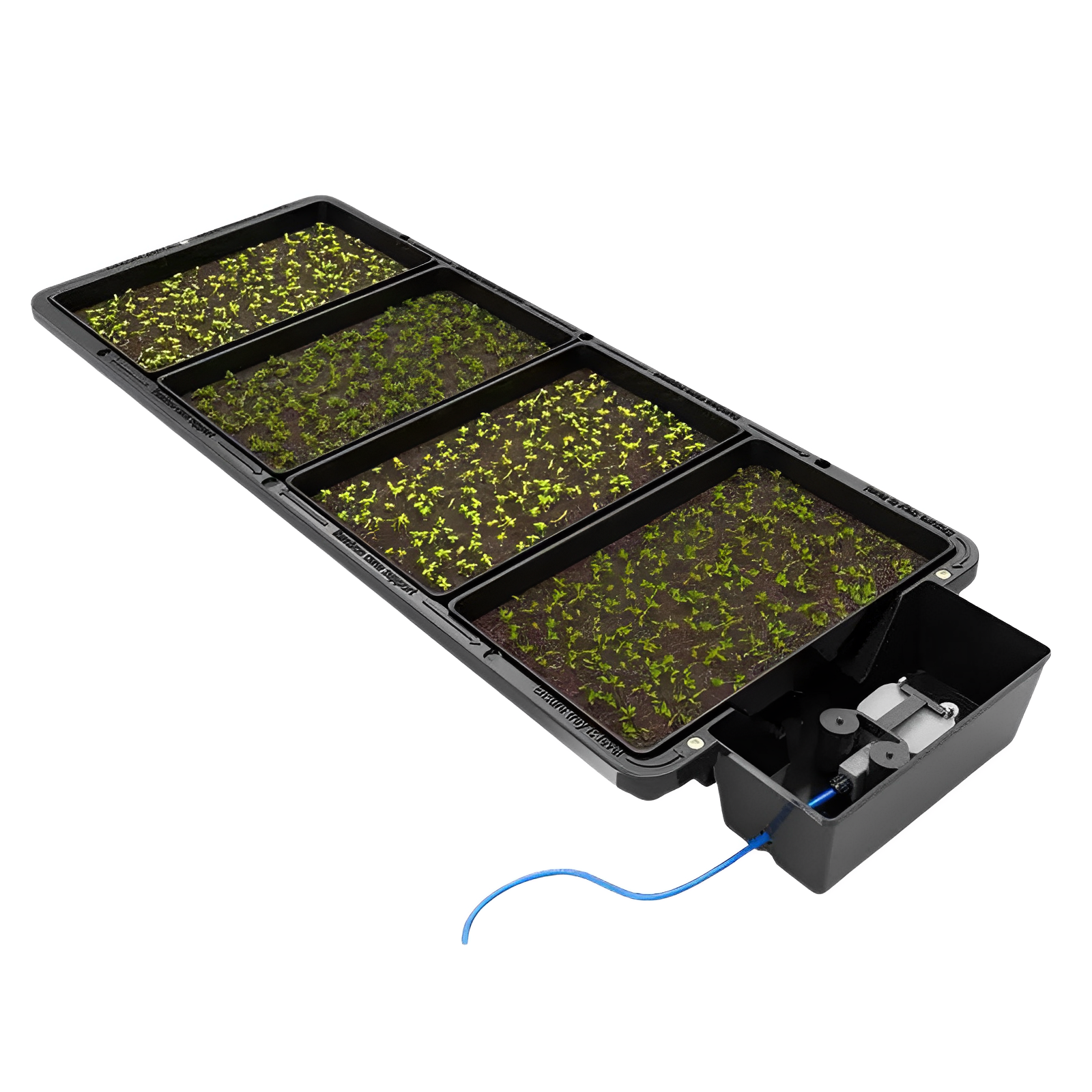 AutoPot Tray2Grow: A black plastic tray with four compartments of seedlings and an automatic watering valve system.